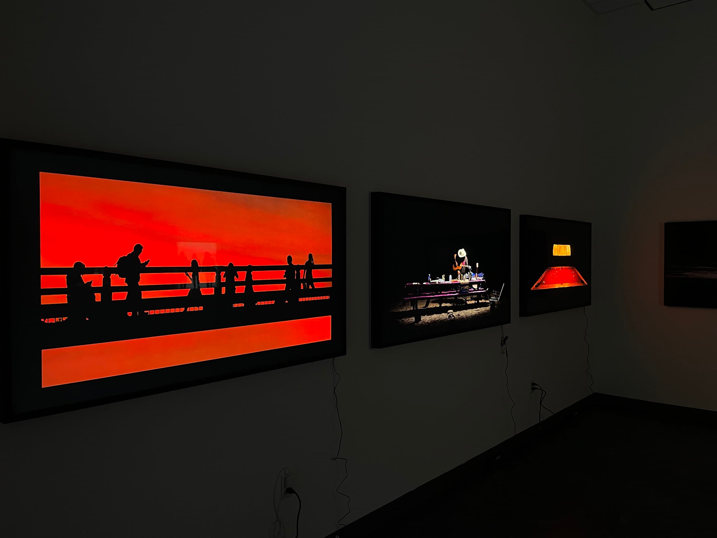 MIMESIS lightboxes glowing in a dark gallery